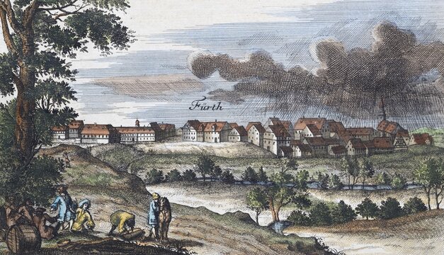 Rural scene, thundercloud over F&uuml;rth, hand-coloured copper engraving or copper etching by Johann Christoph Volkamer or Volckamer, from N&uuml;rnbergische Hesperides oder gr&uuml;ndliche Beschreibung der Edlen Citronat, Citronen, und Pomerantzen-Fr&uuml;chte, Nuremberg 1708, 1714