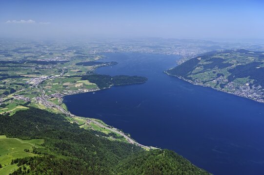 View from Rigi Kulm of Lake Zug with the narrowest point of the Kiemen, Canton of Lucerne, Switzerland