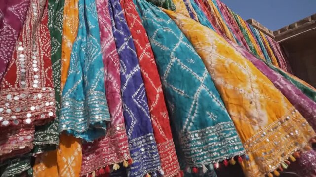 Hanging Colorful Indian Dupatta Fabrics with Mirror Work and Traditional Embroidery at Local Market