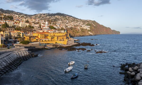 Aerial view, old town with harbour, Sao Tiago fortress, Funchal, Madeira, Portugal