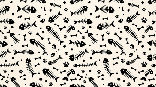 Seamless pattern of fish bones and paw prints on beige background