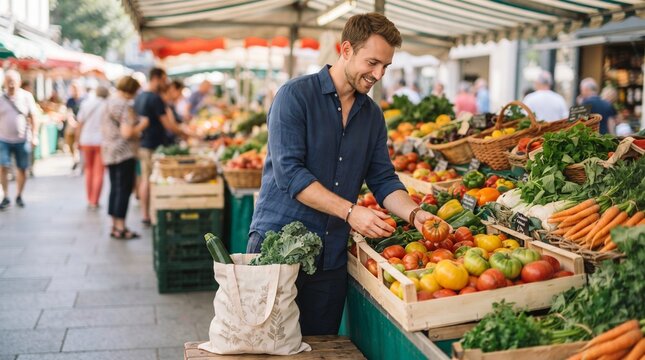 Man shopping for fresh produce at an outdoor farmers market