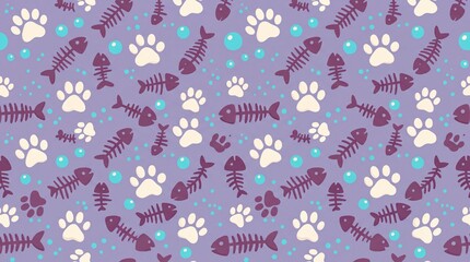 Fototapeta premium Seamless pattern with cat paw prints and fish bones on purple background