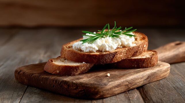 A delectable composition of rustic bread topped with creamy spread and garnished with herbs, showcasing the beauty of culinary art in a warm and inviting setting.