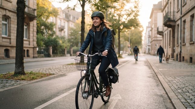 Woman cycling on city street in autumn with buildings and trees