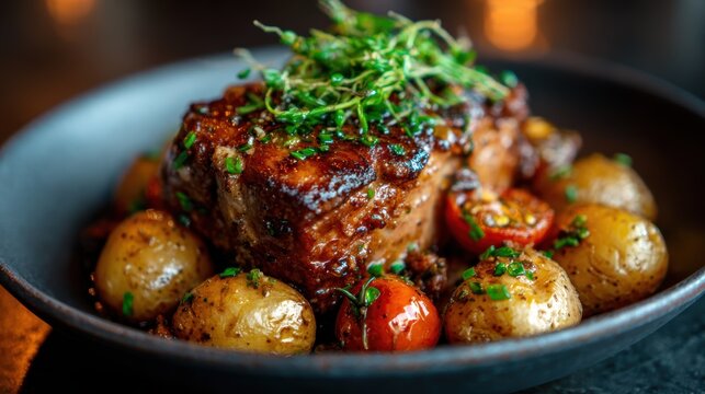 This gourmet image presents a beautifully plated dish featuring succulent roasted pork paired with fresh vegetables, showcasing culinary artistry and visual appeal.