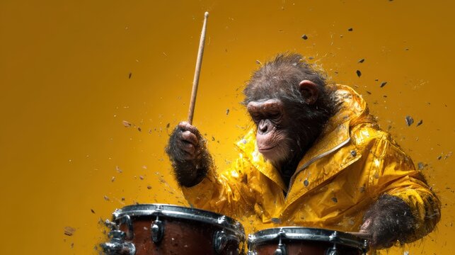 A playful monkey energetically drumming with a large stick against conga drums, radiating joy and fun in a bright yellow background that enhances the whimsical nature of the scene.
