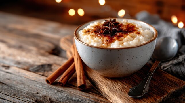 A beautifully crafted bowl of creamy rice topped with spices and cinnamon evokes comfort food vibes, showcasing a rich texture and flavors that tantalize the taste buds.