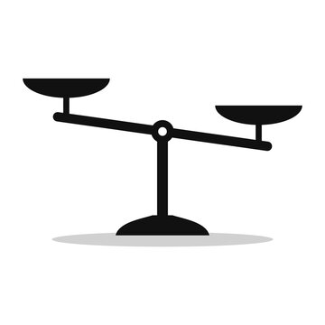 Seesaw style balance scale with dishes, black glyph with shadow