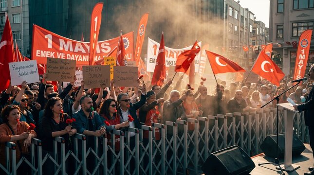 Labour Day Gathering &mdash; flags are raised together as a chant starts, Istanbul
