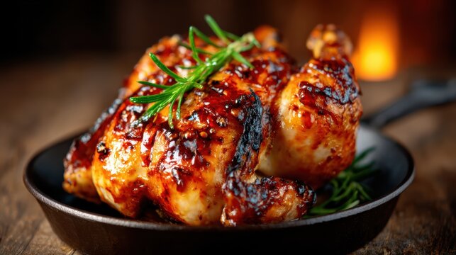A visually appealing roasted chicken is presented beautifully with a rich glaze, showcasing culinary artistry and inviting taste buds to indulge in its flavors.