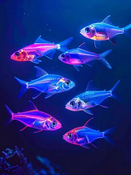 A school of vibrant, glowing fluorescent fish swimming in dark blue water.