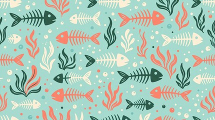 Obraz premium Seamless pattern of fish skeletons and seaweed on teal background