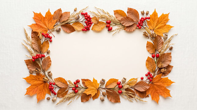 Decorative autumn frame made of colorful maple leaves birch bark and red berries for seasonal holiday greeting cards and festive invitation designs