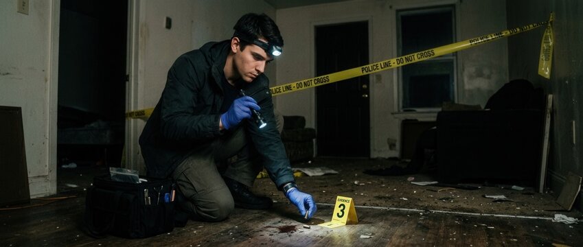 Forensic investigator examines evidence at a crime scene illuminated by headlamp with police tape and evidence markers in a derelict room