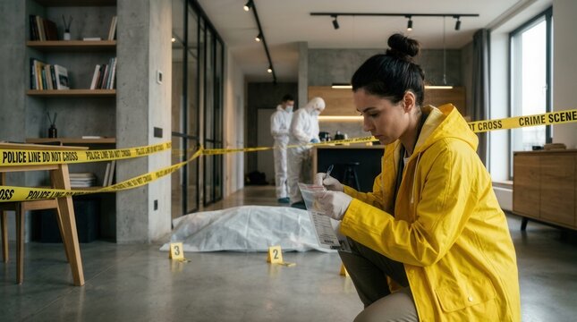 Forensic investigator examining evidence at crime scene with body outline and police tape