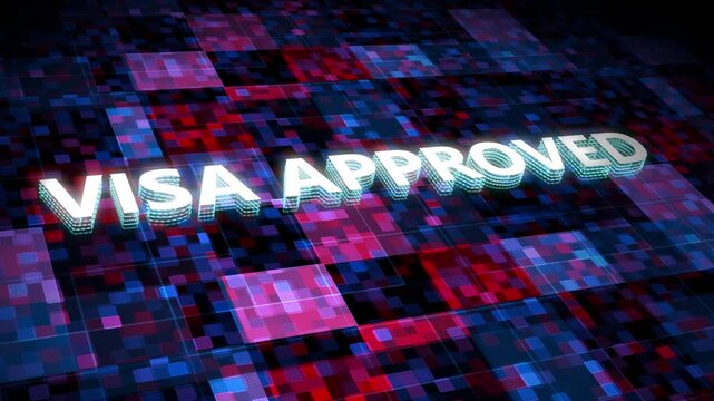 Glowing 3D visa approved text floating above abstract purple digital pixelated grid background finance payment travel banking pixel finance payment travel banking pixel