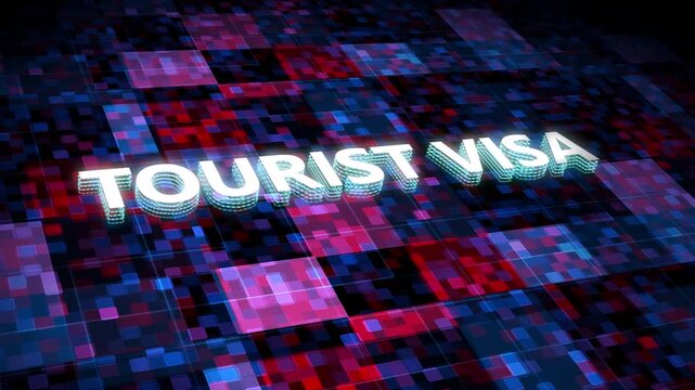 Glowing 3D tourist visa text floating above abstract purple digital pixelated grid background travel tourism vacation pixel data travel tourism vacation pixel data