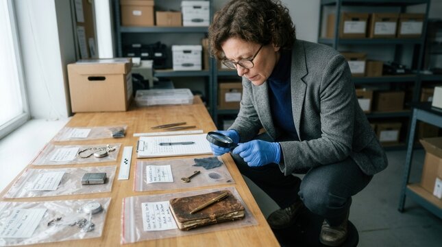 Forensic Investigator Examining Evidence Collection with Magnifying Glass in Archive Room