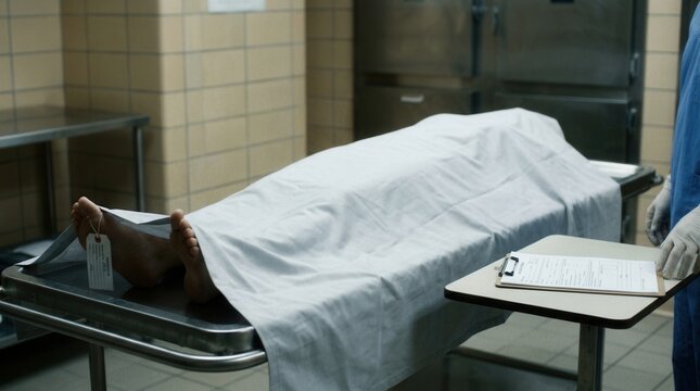 Forensic Investigator Examining Body Covered by Sheet in Morgue
