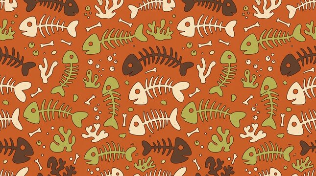 Seamless hand drawn fish skeleton and bone pattern
