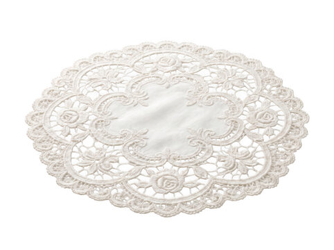Round ornate white lace doily with intricate pattern isolated on as isolated on transparent background