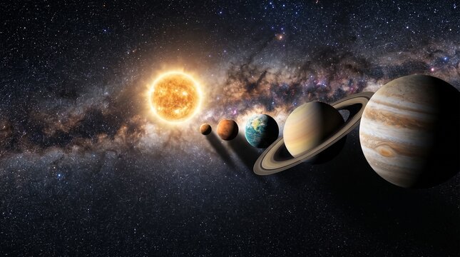 Galaxy with Bright Sun and Distant Planets