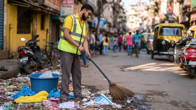 Man in High Visibility Vest Sweeping Polluted Street in Busy Urban Asian City