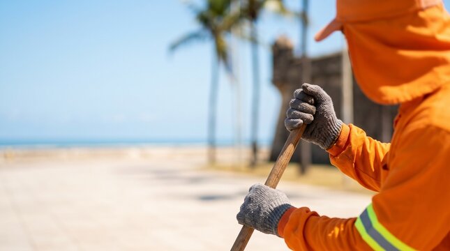 Close-up of a street sweeper's gloved hands holding a broom handle on a sunny promenade