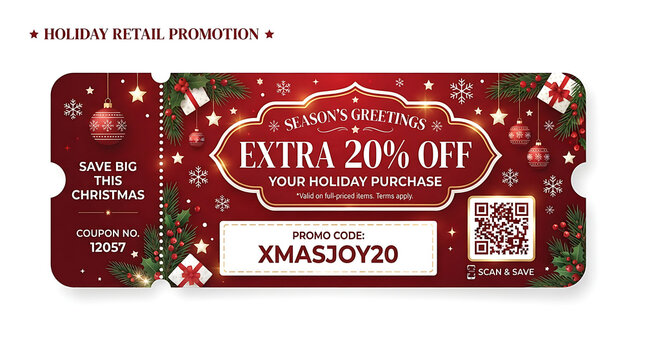 Christmas Discount Coupon Ticket with Promo Code and QR Code Vector