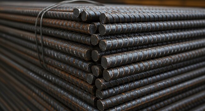 Large stack of steel rebar, a fundamental material for reinforced concrete in construction.Concept of construction materials and structural engineering.