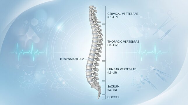 Human spine anatomy diagram with labeled vertebrae sections