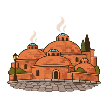 Historic brick dome bathhouses with steam in an old town, vector illustration isolated