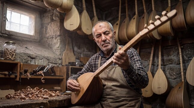 Bağlama luthier in Ankara &mdash; a basement Ulus workshop crowded with drying instrument bodies