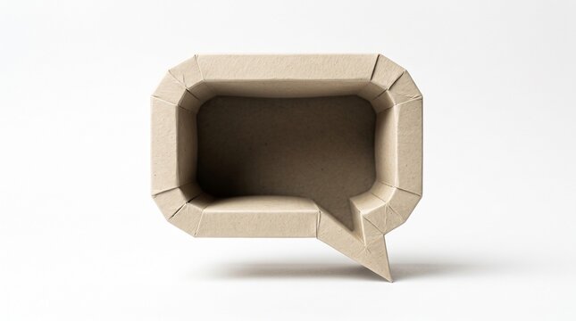 A hollow three dimensional cardboard speech bubble shaped box constructed of tan paper folding isolated on a clean plain white background