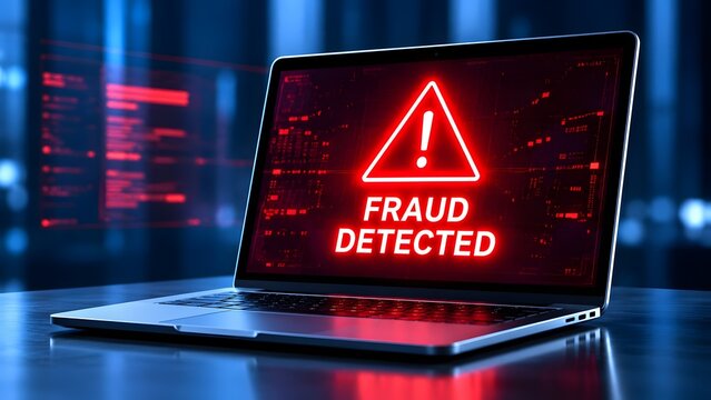 Laptop screen displaying red alert warning triangle with fraud detected text for cyber attack threat and security breach concept