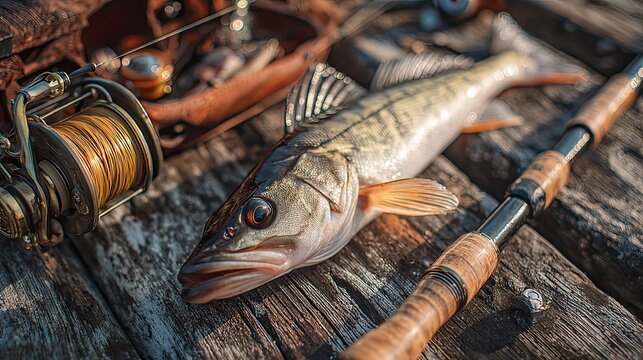 successful fishing trip showing a fresh caught zander fish lying on a wooden pier next to professional fishing gear and tackle