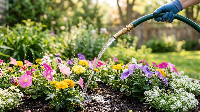 Watering flower bed with garden hose and vibrant blooms in sunny garden. Garden hose enriches colorful flower bed with petunias, marigolds, and daisies as hands carefully nurture plants.