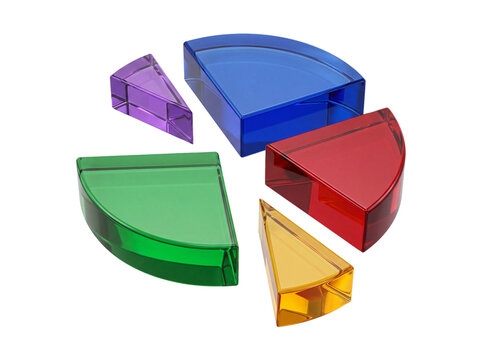 3D pie chart glass diagram with colorful transparent exploded slices displaying data visualization analytics, financial report market share division, business strategy concept on black background