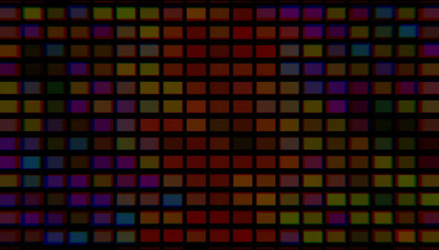 Dark abstract pixel grid composed of small multicolored rectangular blocks arranged in rows, creating a subdued digital mosaic texture.