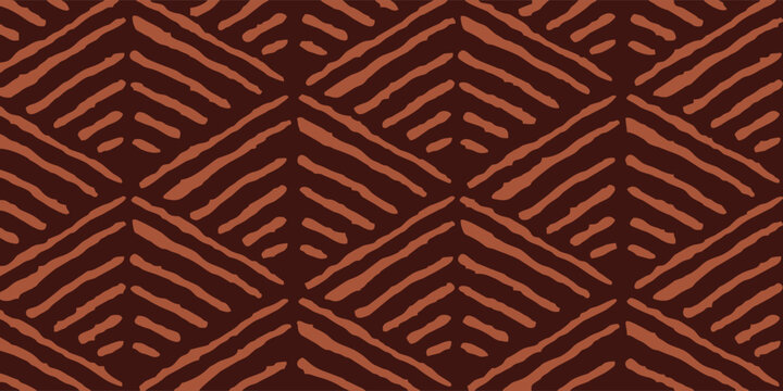 Seamless geometric tribal pattern with hand-drawn brown line art and chevron motif on dark brown background.