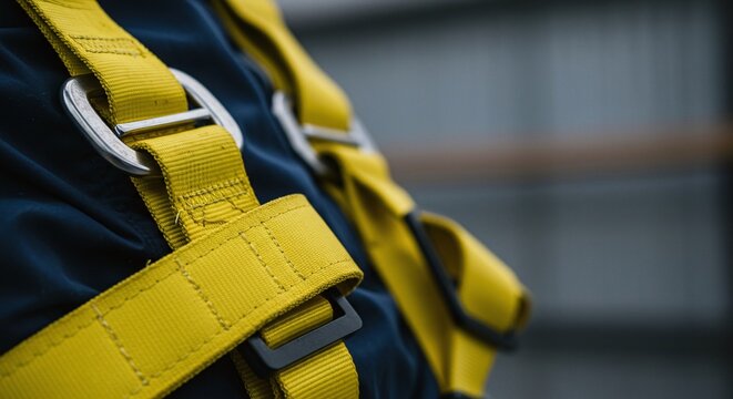 A dark, durable safety harness with metal buckles, designed for fall protection.Concept of occupational safety and personal protection.