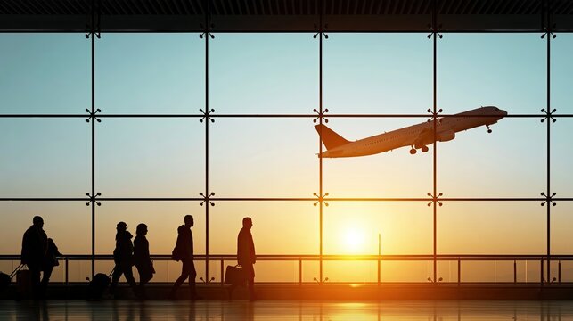 Silhouettes of passengers inside airport terminal at sunset, airplane taking off, travel and business trip concept