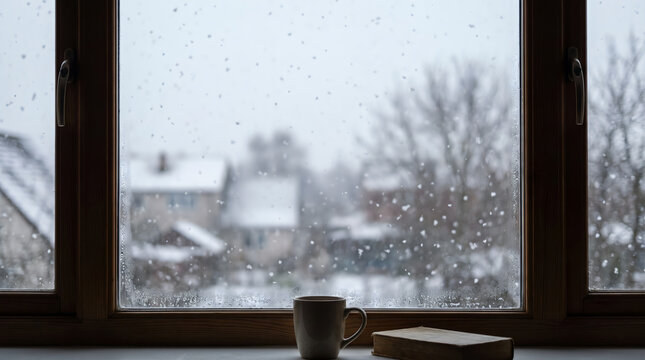 Cozy window sill scene with a hot cup of coffee and a book on a snowy winter day. Snowflakes falling outside create a peaceful, warm indoor atmosphere for reading and relaxing