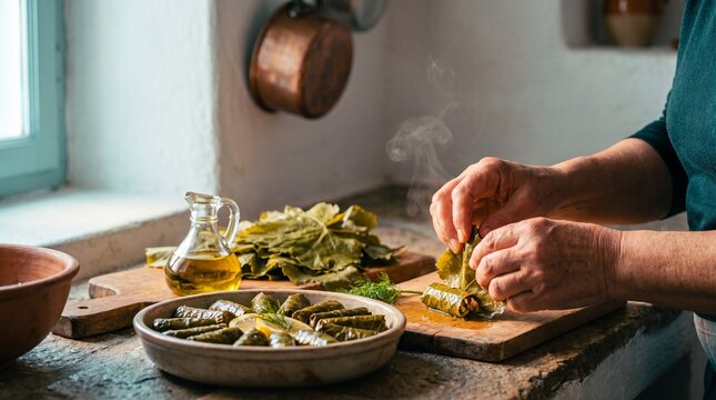 Zeytinyağlı Yaprak Sarma, İzmir: tightly rolled vine leaves glistening with olive oil