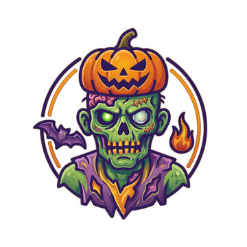 Spooky Zombie Character with Jack-O-Lantern Pumpkin Head for Halloween Party Mascot Logo Illustration