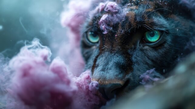 A mesmerizing close-up of a panther&rsquo;s piercing eyes, surrounded by ethereal pink smoke, amplifying the creature&rsquo;s mystery and allure in a dreamlike atmosphere.