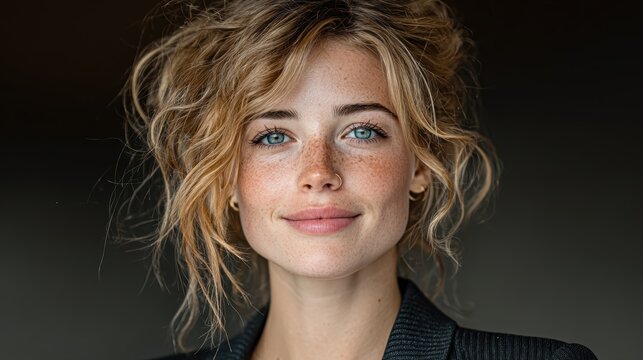 A close-up portrait captures a smiling young woman with striking blue eyes and freckles, radiating warmth and approachability in a natural light setting.