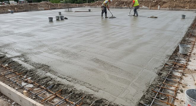 Construction workers pouring a concrete foundation slab for a new building. Concept of foundation building and civil engineering.