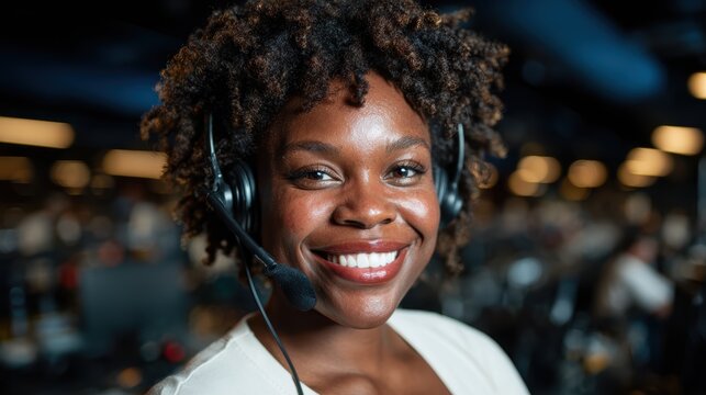 A cheerful customer support representative wearing a headset smiles confidently in a modern office setting, perfect for showcasing communication and engagement in service sectors.